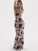 Elegant Floral Print Robe Backless Maxi Dress - Rown