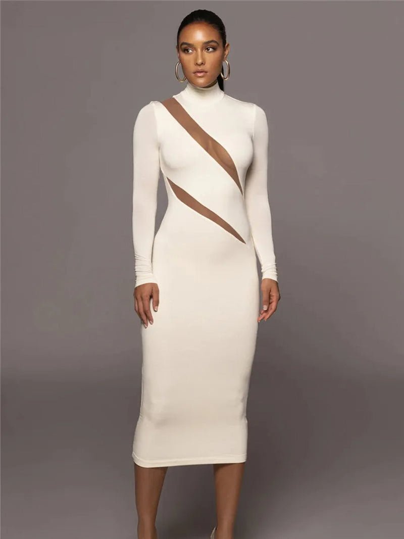 Elegant Half High Collar Bodycon Maxi Dress - Rown