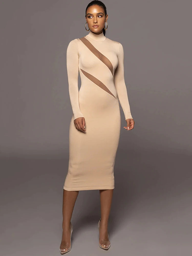 Elegant Half High Collar Bodycon Maxi Dress - Rown