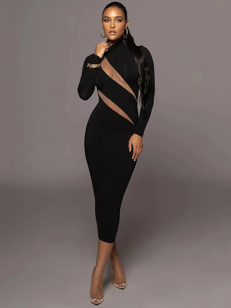 Elegant Half High Collar Bodycon Maxi Dress - Rown