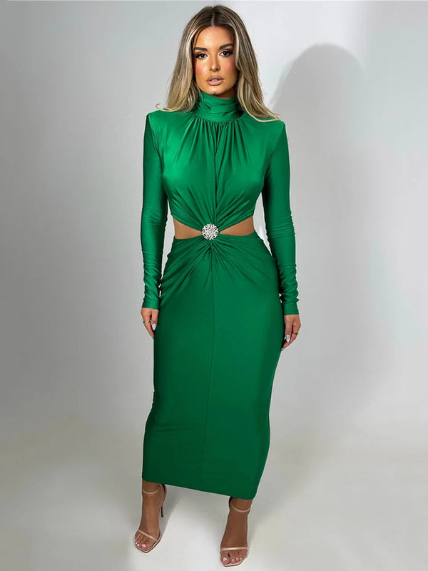 Elegant Hollow Out Turtleneck Long Sleeve Maxi Dress - Rown