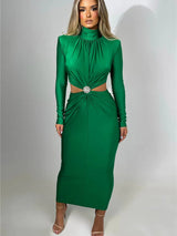 Elegant Hollow Out Turtleneck Long Sleeve Maxi Dress - Rown