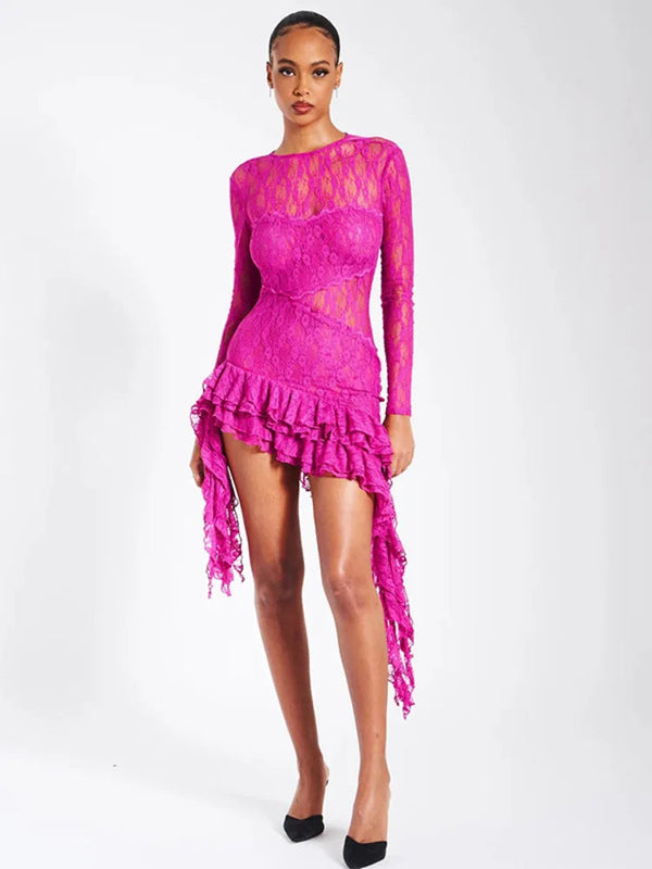 Elegant Lace O Neck Long Sleeve Ruffle Mini Dress - Rown