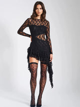 Elegant Lace O Neck Long Sleeve Ruffle Mini Dress - Rown