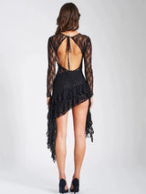 Elegant Lace O Neck Long Sleeve Ruffle Mini Dress - Rown