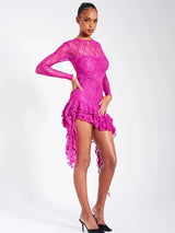 Elegant Lace O Neck Long Sleeve Ruffle Mini Dress - Rown