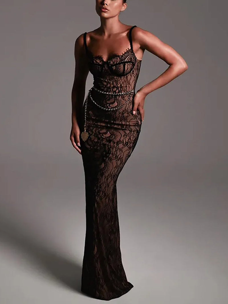 Elegant Lace Print Backless Bodycon Maxi Dress - Rown