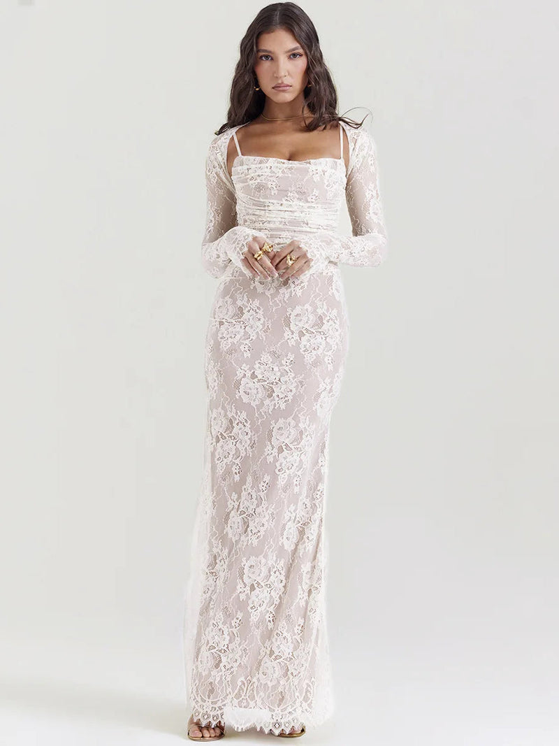 Elegant Lace Print Bodycon Maxi Dress - Rown