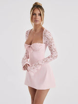 Elegant Lace Sheer Bodycon Long Sleeve Mini Dress - Rown