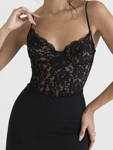 Elegant Lace Spaghetti Strap Backless Bodycon Maxi Dress - Rown