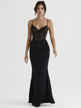 Elegant Lace Spaghetti Strap Backless Bodycon Maxi Dress - Rown