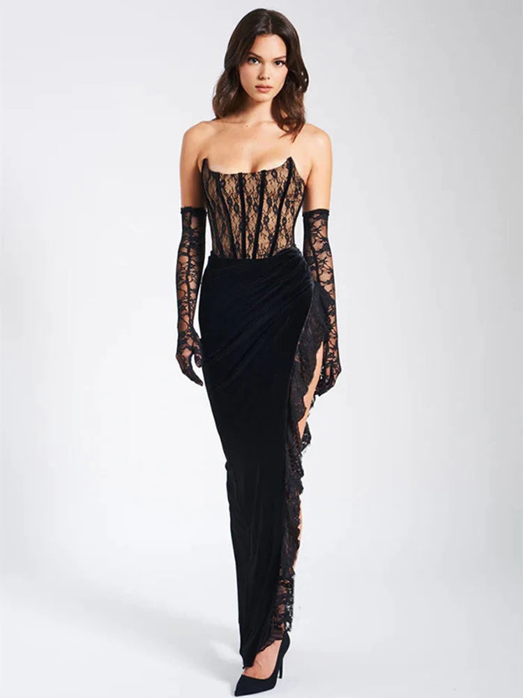 Elegant Lace Strapless Backless Maxi Dress - Rown