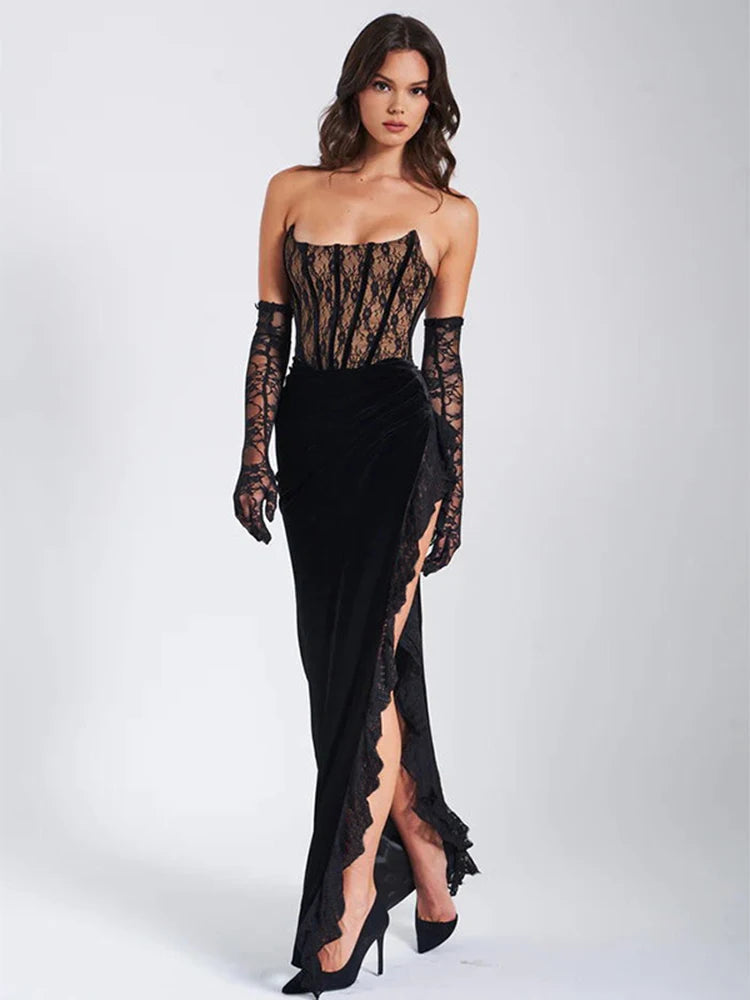 Elegant Lace Strapless Backless Maxi Dress - Rown