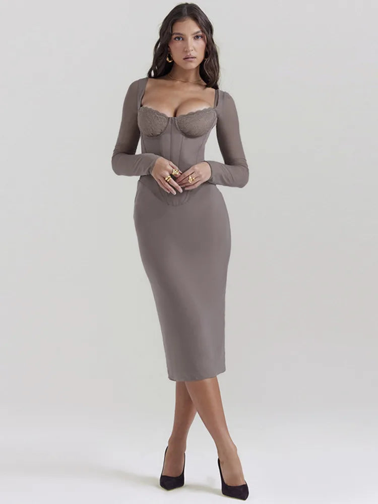 Elegant Lace Strapless Square Collar Sheer Midi Dress - Rown