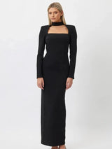 Elegant Long Sleeve Backless Hollow Out Maxi Dress - Rown