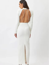 Elegant Long Sleeve Backless Hollow Out Maxi Dress - Rown