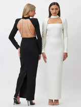 Elegant Long Sleeve Backless Hollow Out Maxi Dress - Rown