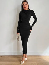 Elegant Long Sleeve O Neck Ruched Maxi Dress - Rown