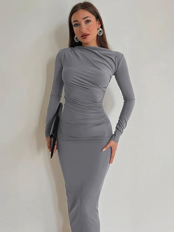 Elegant Long Sleeve O Neck Ruched Maxi Dress - Rown