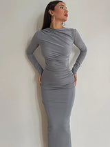 Elegant Long Sleeve O Neck Ruched Maxi Dress - Rown