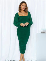 Elegant Mesh Long Sleeve Backless Midi Dress - Rown