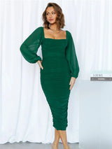 Elegant Mesh Long Sleeve Backless Midi Dress - Rown