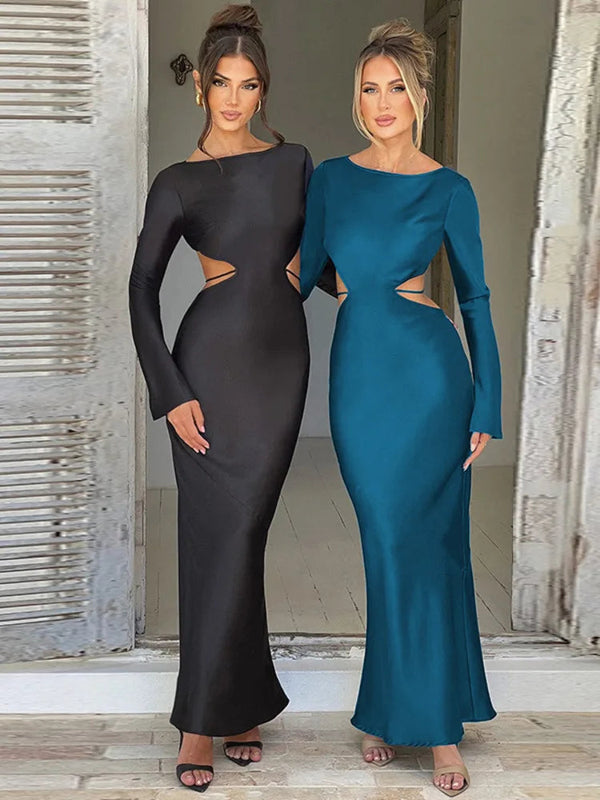 Elegant O Neck Bodycon Satin Backless Maxi Long - Rown