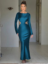 Elegant O Neck Bodycon Satin Backless Maxi Long - Rown