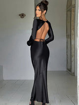 Elegant O Neck Bodycon Satin Backless Maxi Long - Rown