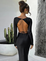 Elegant O Neck Bodycon Satin Backless Maxi Long - Rown