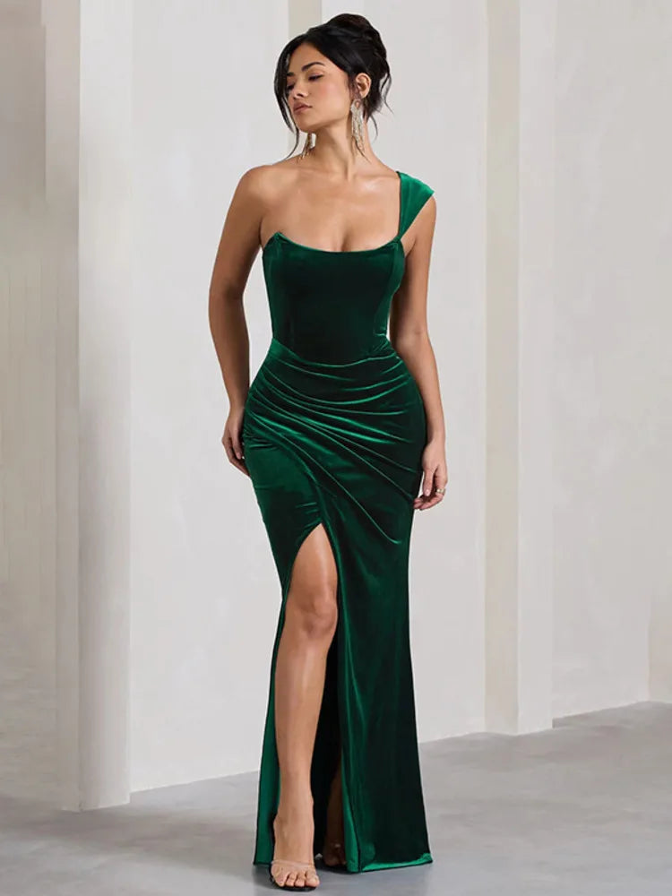 Elegant One Shoulder Thigh High Backless Maxi Dress - Rown