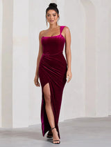 Elegant One Shoulder Thigh High Backless Maxi Dress - Rown