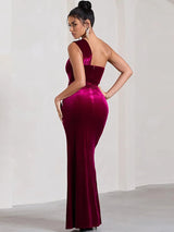 Elegant One Shoulder Thigh High Backless Maxi Dress - Rown