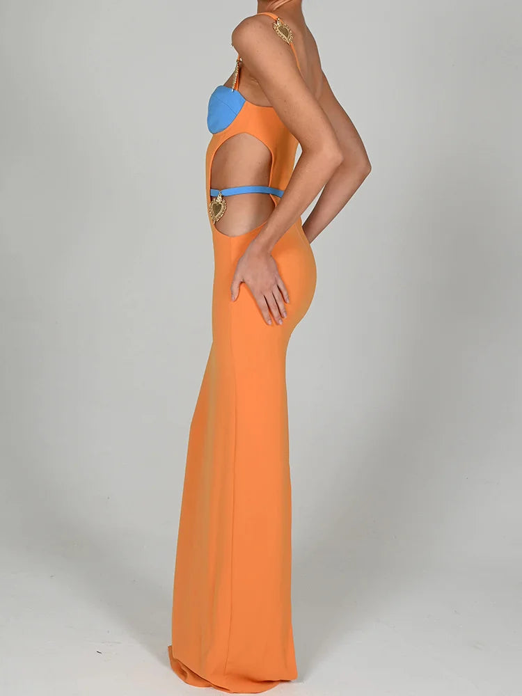 Elegant Patchwork Hollow Out Backless Maxi Dress - Rown