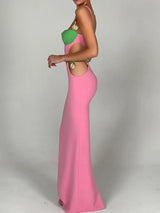 Elegant Patchwork Hollow Out Backless Maxi Dress - Rown