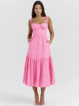 Elegant Pleated Spaghetti Strap Backless A-line Midi Dress - Rown