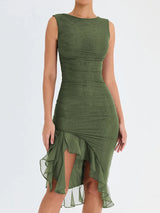 Elegant Ruffle Ruched Backless Midi Dress - Rown