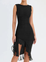 Elegant Ruffle Ruched Backless Midi Dress - Rown