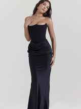 Elegant Satin Draped Strapless Backless Maxi Dress - Rown