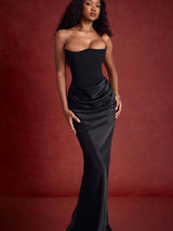 Elegant Satin Draped Strapless Backless Maxi Dress - Rown