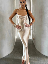 Elegant Satin Sleeveless Backless Maxi Dress - Rown