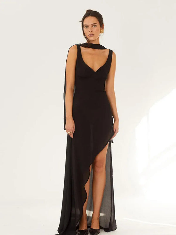 Elegant See Through Deep V-Neck Backless Maxi Dress - Rown