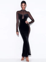 Elegant See Through Patchwork Zipper Velvet Maxi Dress - Rown