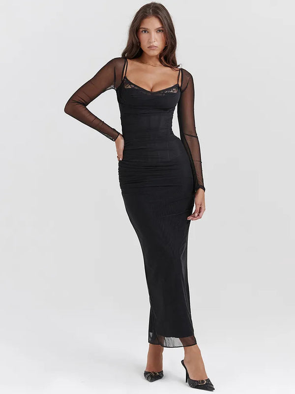 Elegant Sheer Long Sleeve Bodycon Maxi Dress - Rown