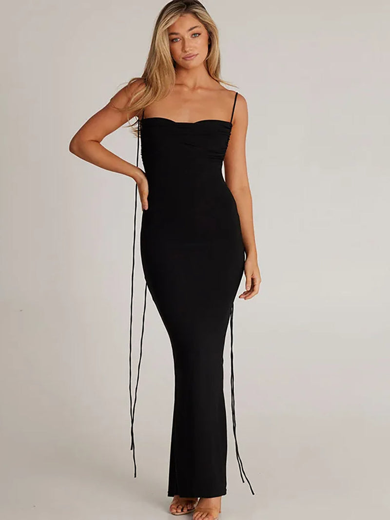 Elegant Spaghetti Strap Backless Ruched Maxi Dress - Rown