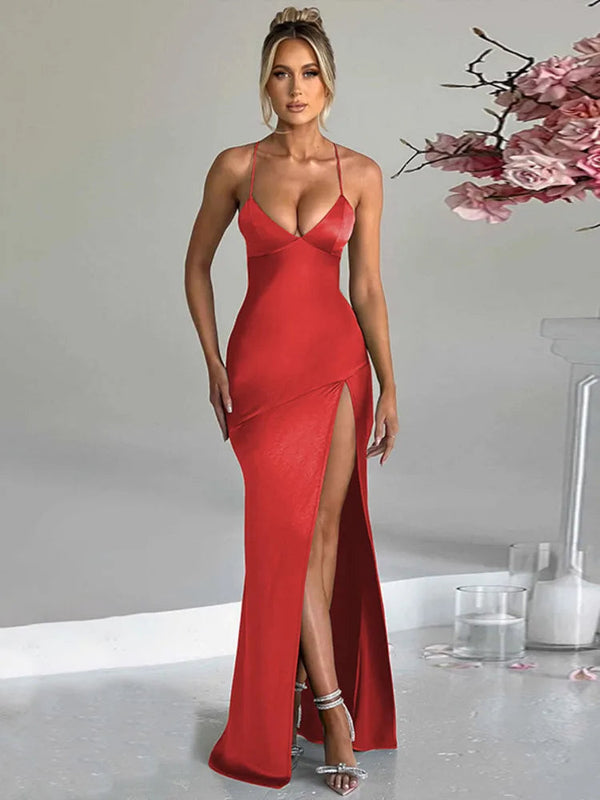 Elegant Spaghetti Strap Backless Thigh High Maxi Dress - Rown