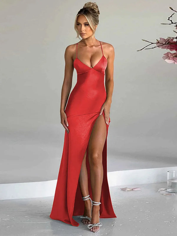 Elegant Spaghetti Strap Backless Thigh High Maxi Dress - Rown