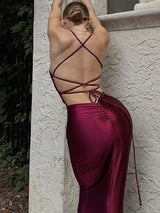 Elegant Spaghetti Strap Lace-up Backless Maxi Dress - Rown