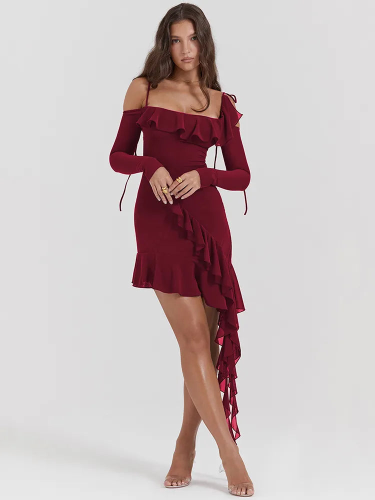 Elegant Spaghetti Strap Ruffle Mini Dress - Rown