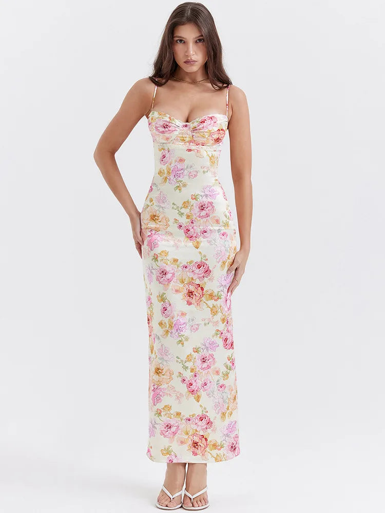 Elegant Spaghetti Strap White Print Backless Maxi Dress - Rown